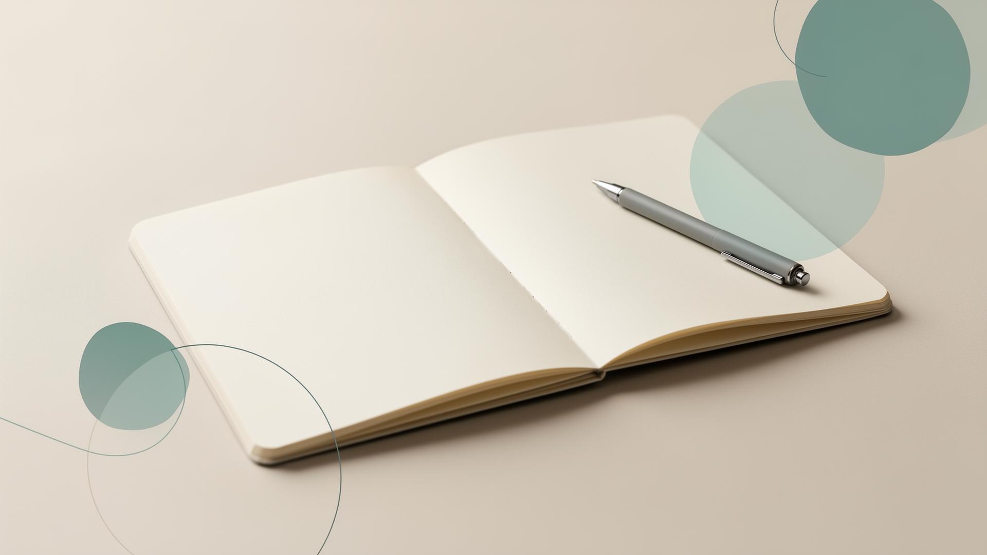 Calm minimal workspace with open notebook and soft abstract shapes